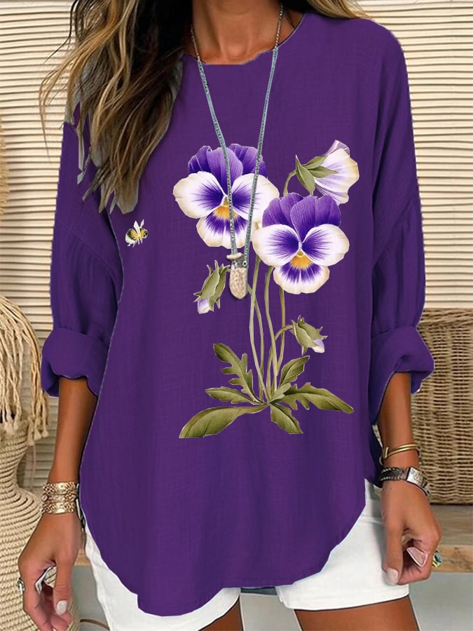 Women's Purple Floral Loose Long Sleeve Crew Neck Top