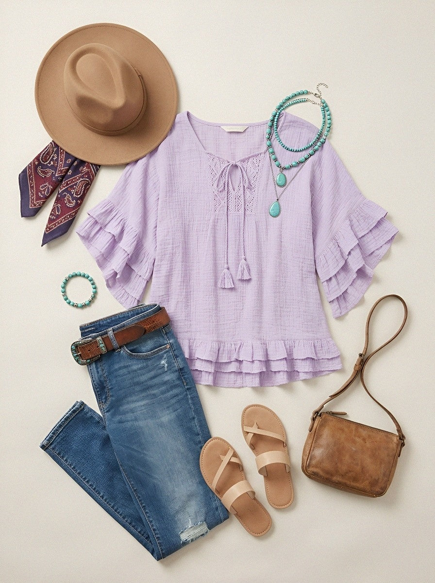 Women's Western Vintage Lace Ruffle Trim Printed Top