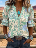 Women's Western Vintage Floral Leopard Printed Ruffle Sleeve Top