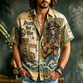 Men's Retro Hippie Guitar Nautical Skull Wave Design Short-sleeve Shirt