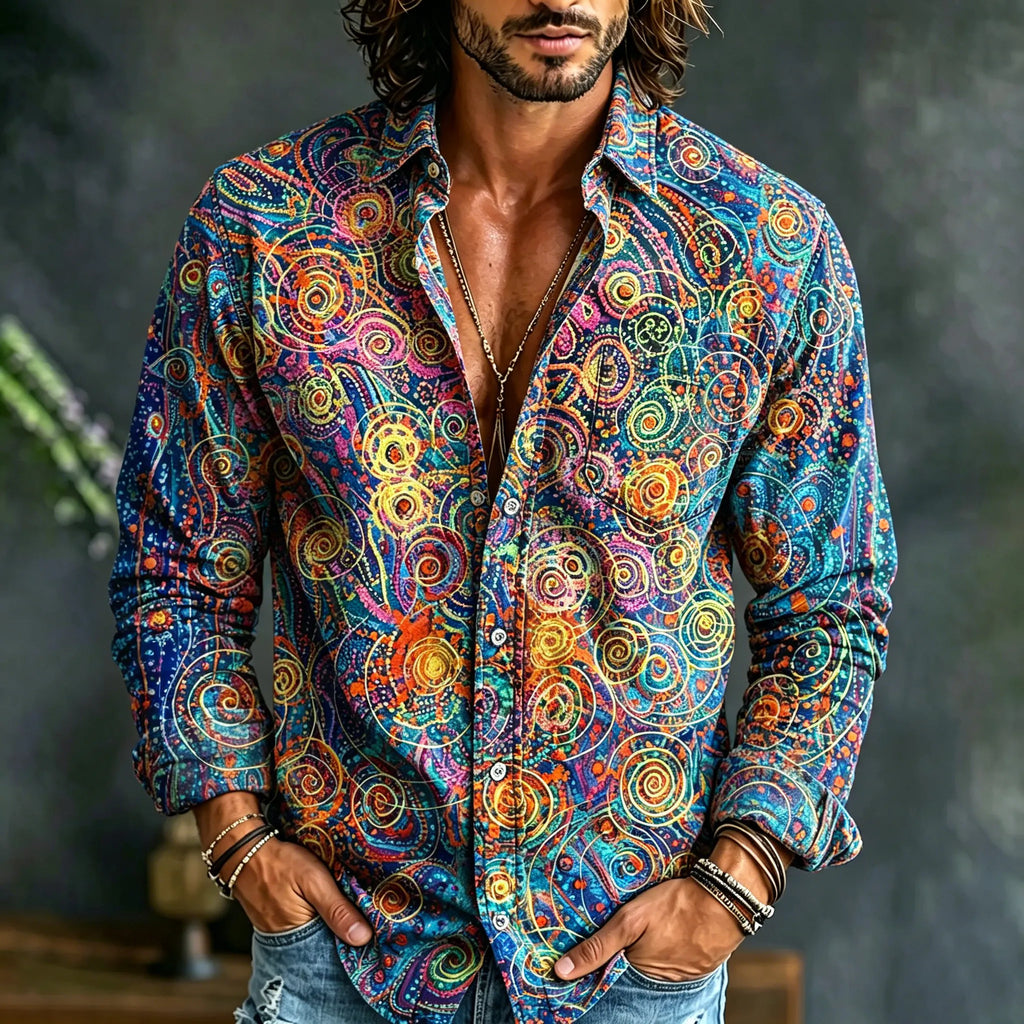 Men's Hippie Abstract Swirl Pattern Boho Graphic Long Sleeve Shirt