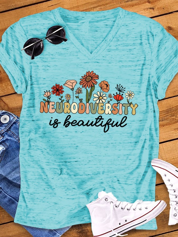 Women's Neurodiversity Is Beautiful Autism Awareness Print V-Neck T-Shirt
