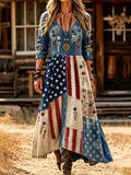 Women's American Flag & Floral Print Linen Maxi Dress