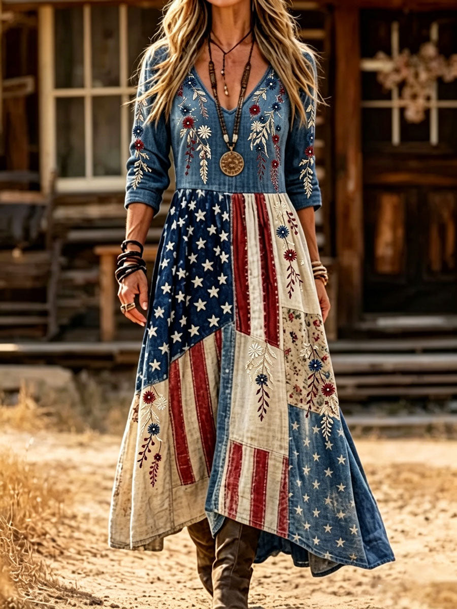 Women's American Flag & Floral Print Linen Maxi Dress