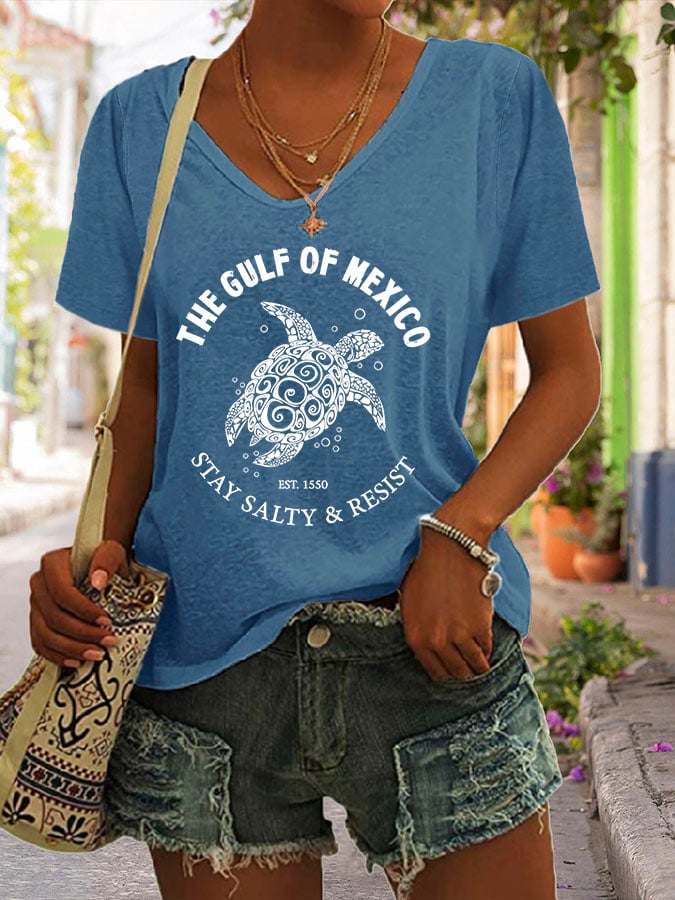 Women's The Gulf Of Mexico Print V Neck Casual T-Shirt