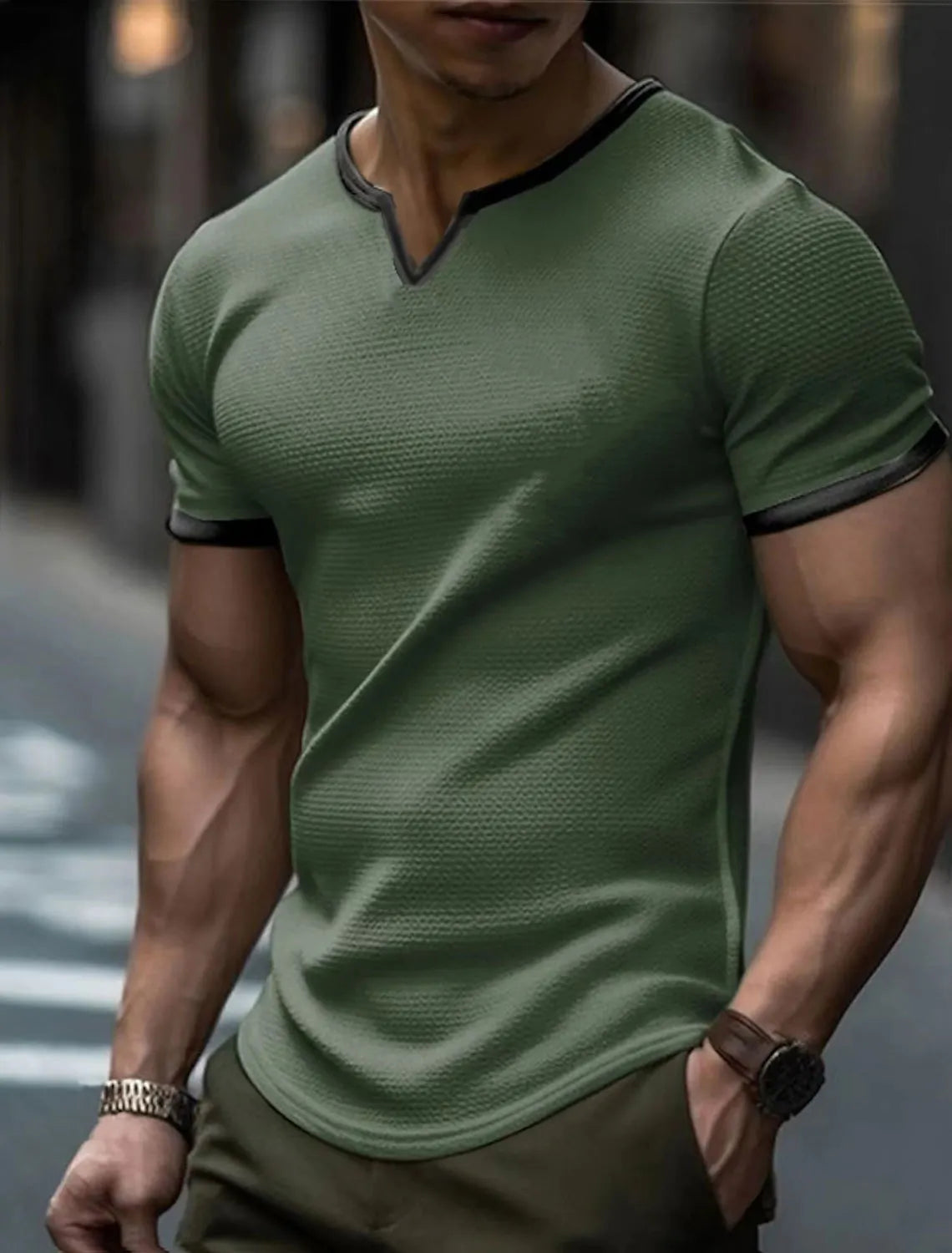 Men's V-Neck Color-Block Short-Sleeve Outdoor Sports T-Shirt