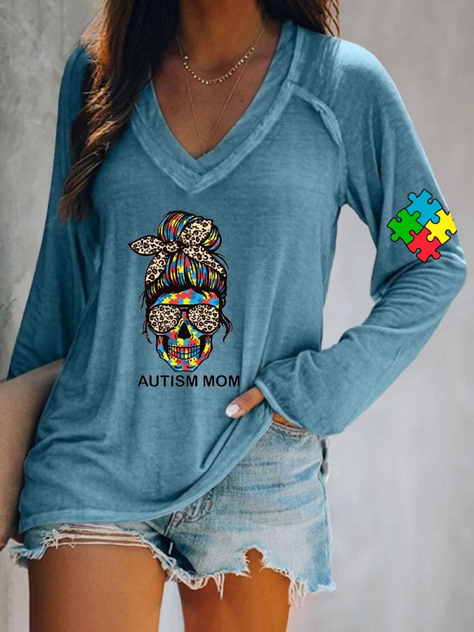 Women's Autism Mom Printed V Neck Long Sleeve T-Shirt