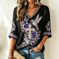 Women's Vintage Purple Flowers And Birds Art Three-quarter Sleeve Top