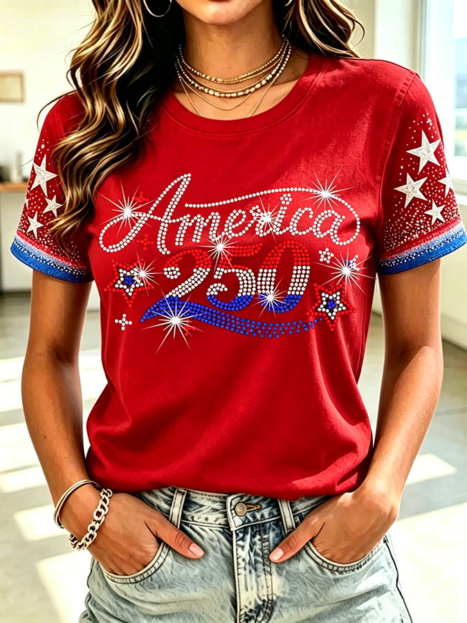 Ladies' Casual American 250Th Anniversary Glitter Commemorative Round Neck Short Sleeved T-Shirt