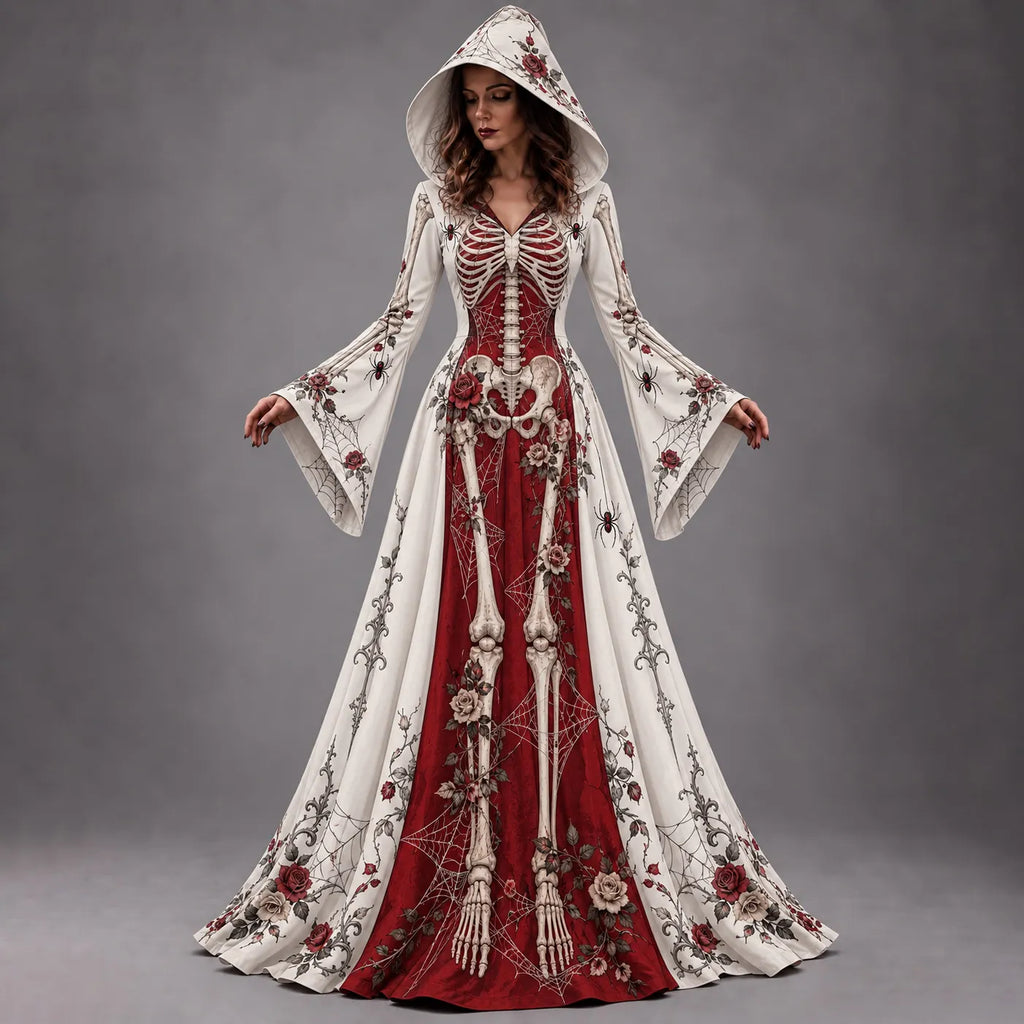 Women's Halloween Gothic Skeleton & Rose Floral Long-sleeve Hooded Long Dress