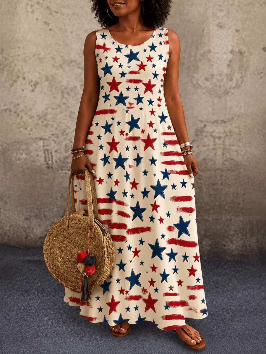 Women's Retro Floral American Flag Pattern Flowing Linen Camisole Skirt