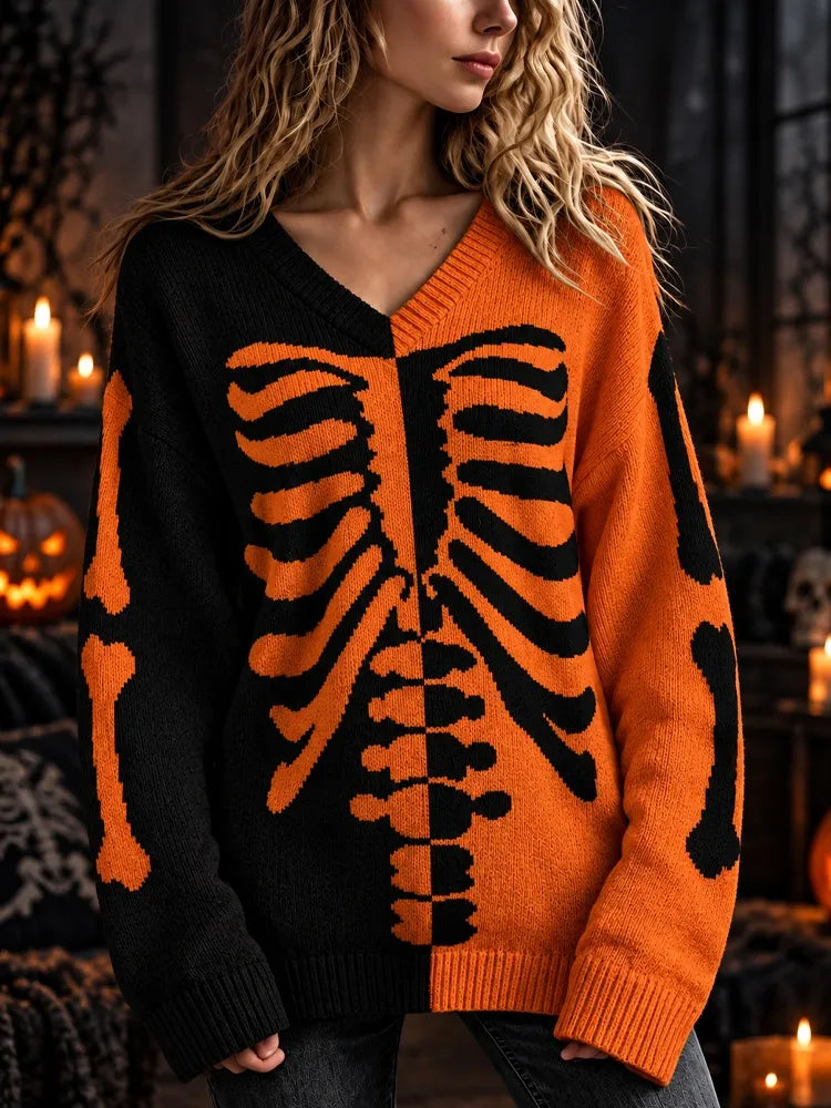 Women's Halloween Colorblock Skeleton Knit V-neck Sweater