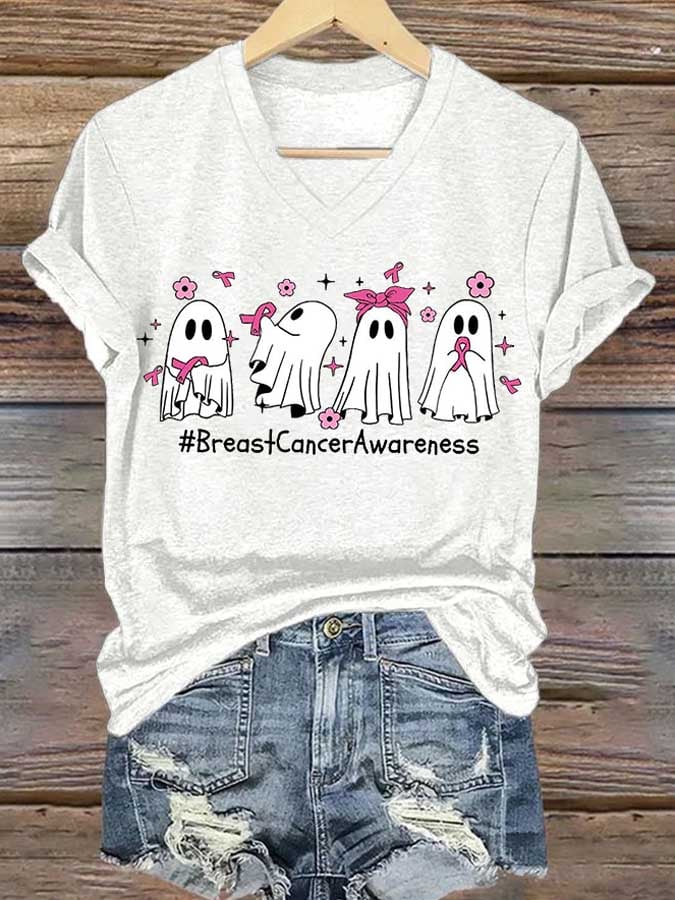 V-neck Retro Breast Cancer Awareness Ghost Pink Ribbon Print T-Shirt