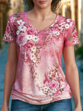 Women's Breast Cancer Awareness Floral Art V-Neck Short-Sleeve T-Shirt