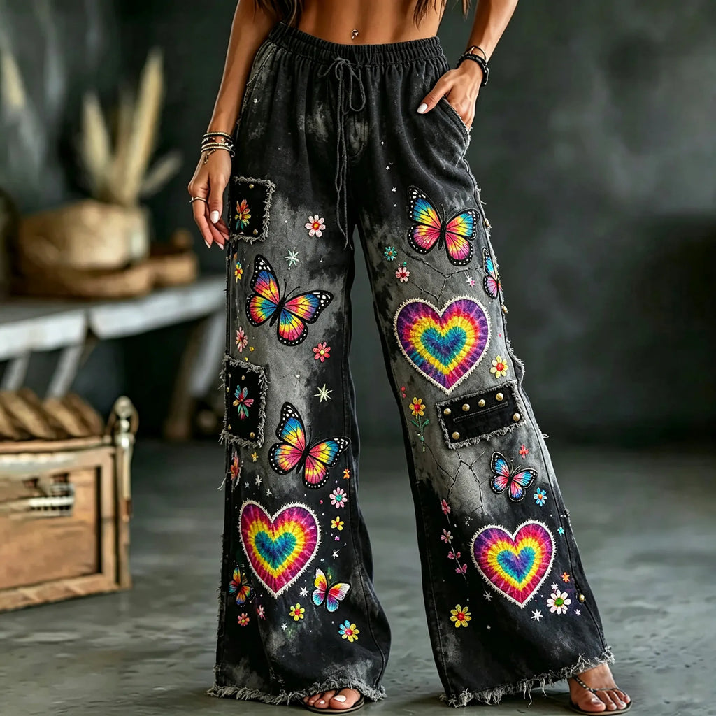 Women's Vintage Washed Hippie Boho Rainbow Butterfly Heart Embroidery Patchwork Pants