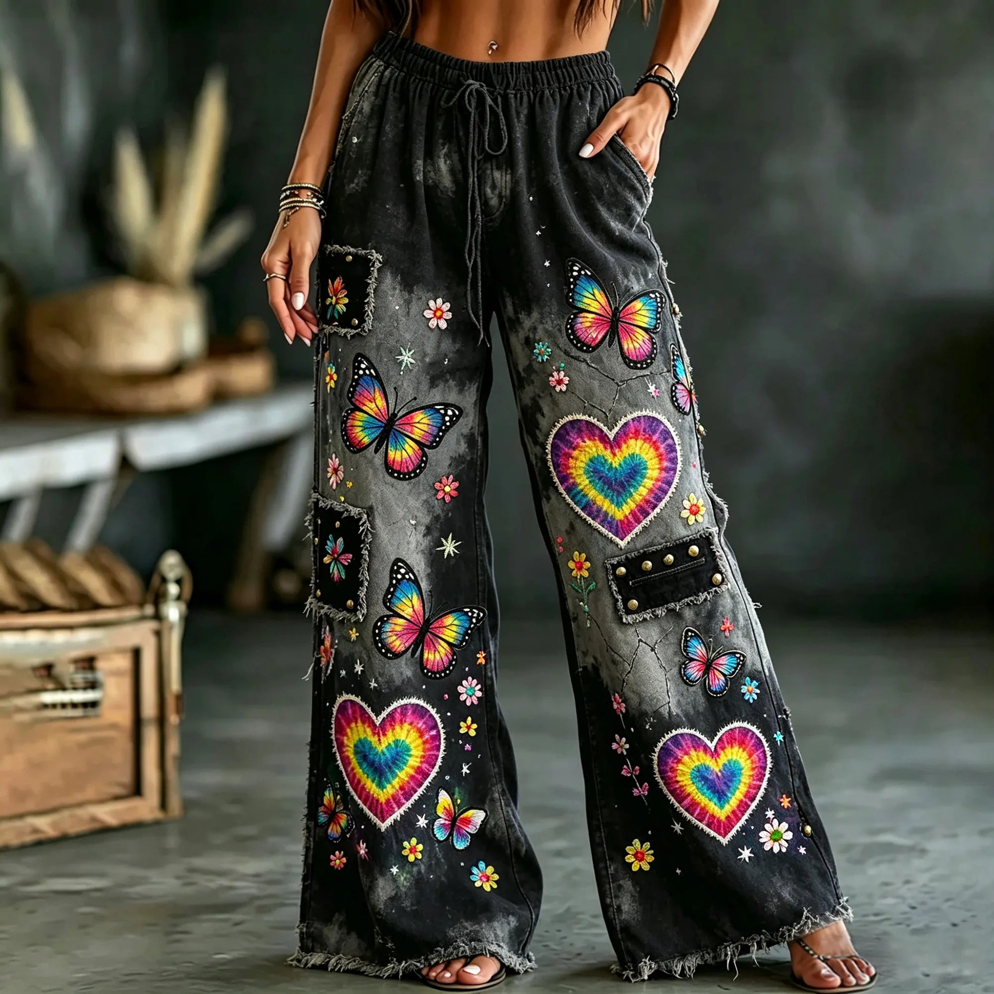 Women's Vintage Washed Hippie Boho Rainbow Butterfly Heart Embroidery Patchwork Pants