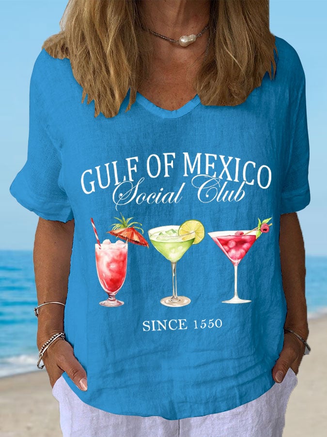 Women's Gulf Of Mexico Print Casual V-Neck Cotton and Linen Top