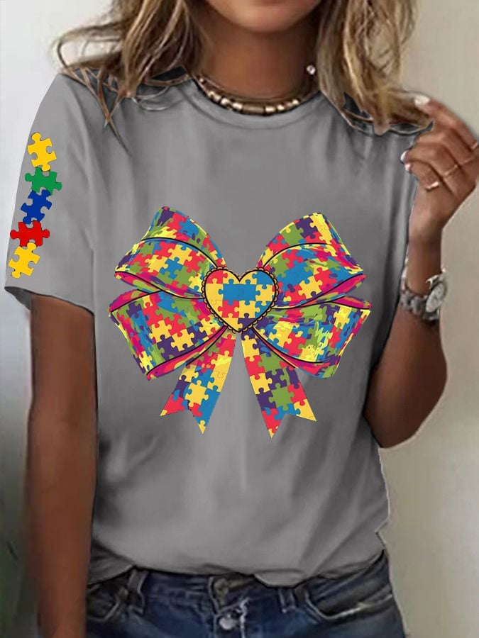Women's Autism Awareness Bow Design Printed Casual T-Shirt