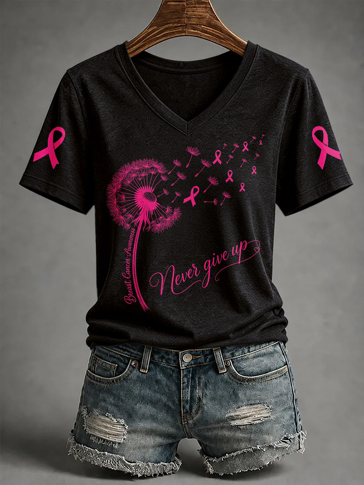 V-Neck Retro Breast Cancer Awareness Dandelion Never Give Up Pink Ribbon Print T-Shirt