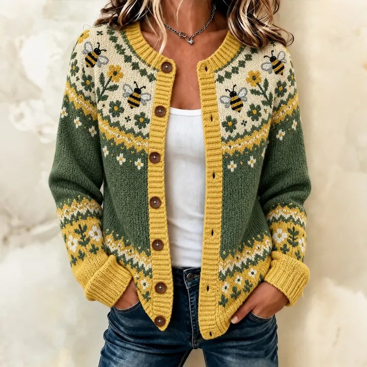 Women's Vintage Farm Animal Print Casual Knit Cardigan Sweater
