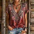 Women's Bohemian Vintage Floral Art  Print V Neck T-shirt