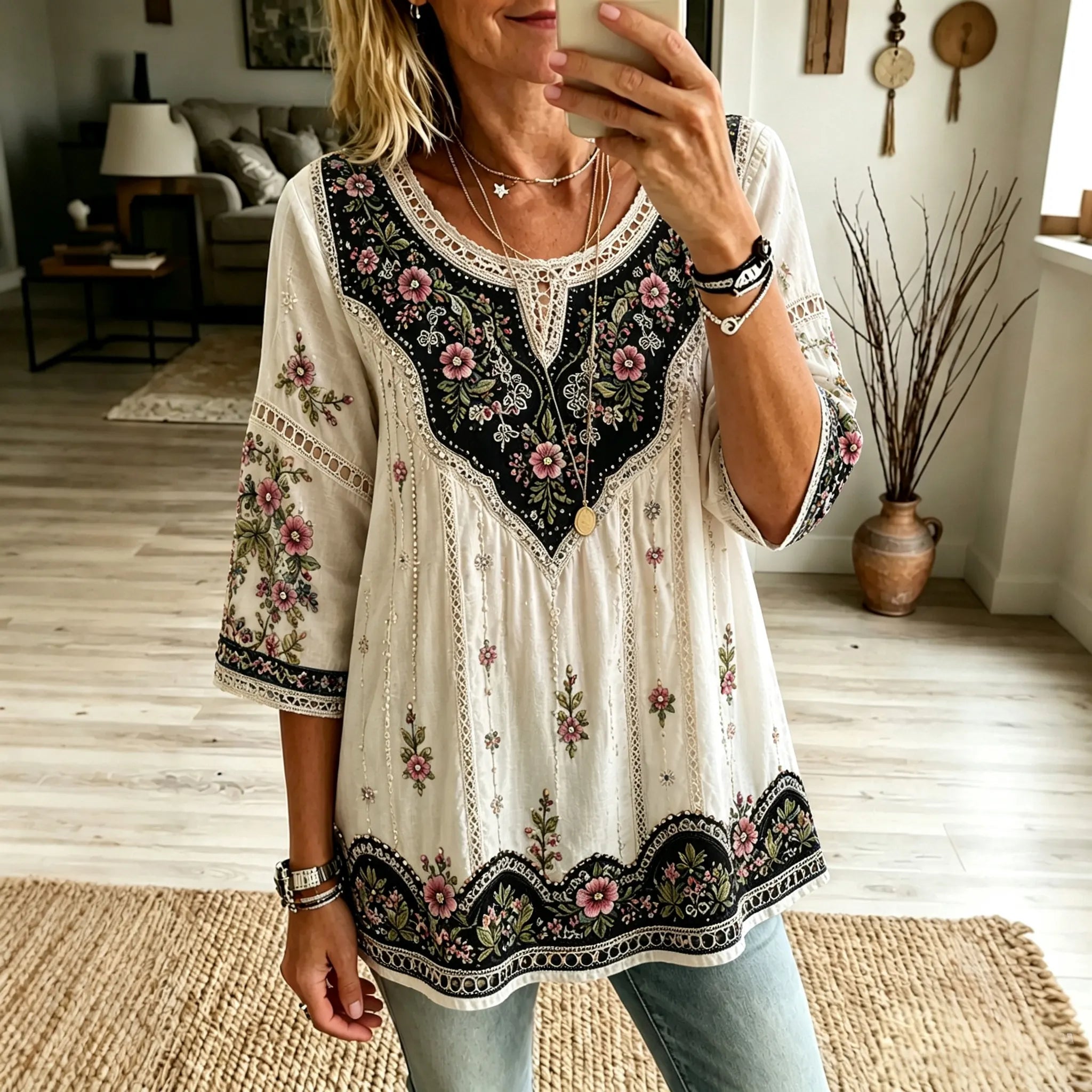 Women's Vintage Boho Floral Art Crew Neck Linen Blend T-shirt