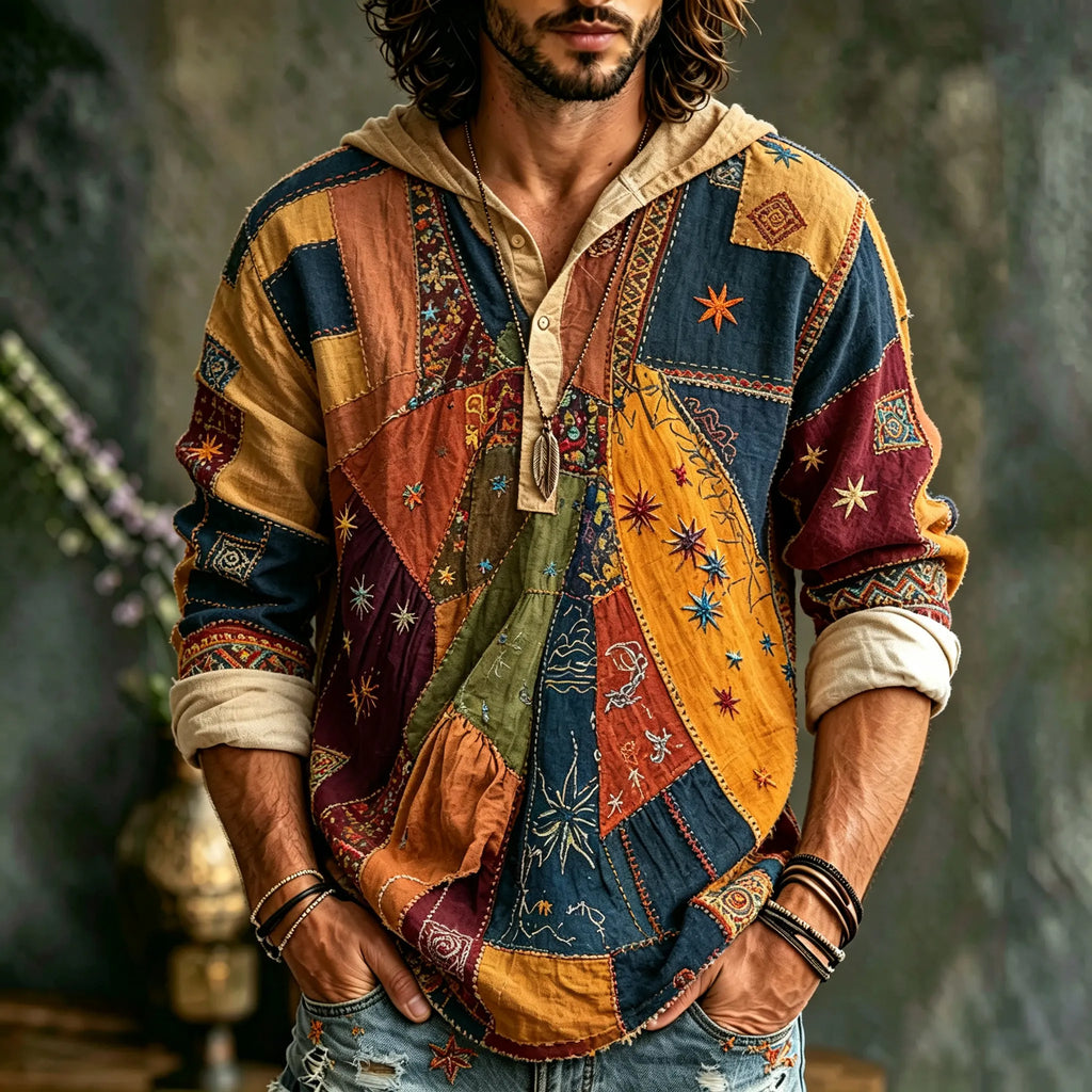 Men's Retro Hippie Patchwork Sun And Moon Print Long-sleeve Hooded