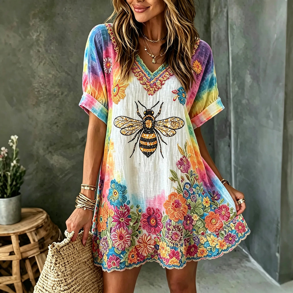 Women's Retro Hippie Floral Pattern V Neck Short Sleeve Linen Blend Midi Dress