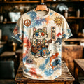 Men's Retro Tie-dye Guitar Cat Japanese Art T-shirt