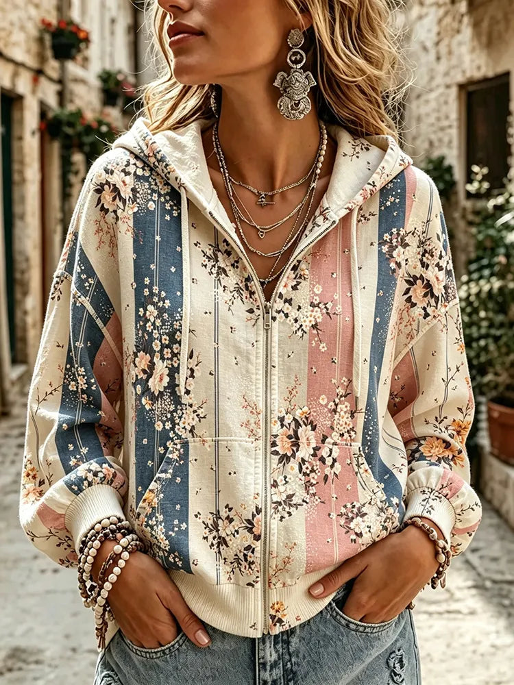 Women's Retro Casual Vacation Floral Loose Hoodie