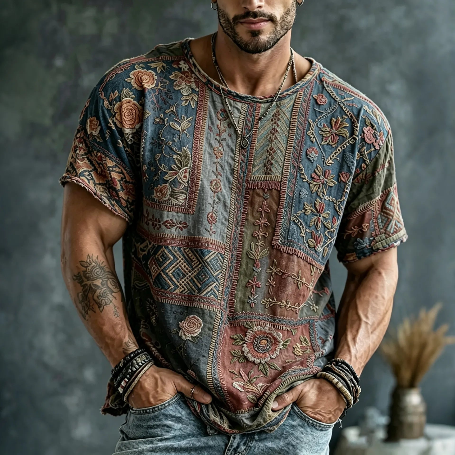 Men's Vintage Floral  Patchwork Embroidered Art Print Flowy Linen Blend Casual Tshirt