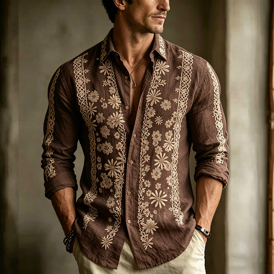 Bohemian Plant Flower Embroidered Pattern Retro Casual Linen Shirt