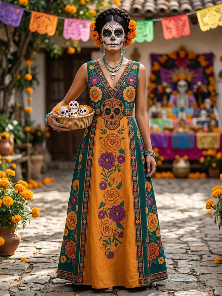Women's Retro Color Block Floral Skull Holiday Linen V-neck Sleeveless Dress