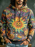 Men's Retro Hippie Style Halloween Pumpkin And Skull Print Hoodie