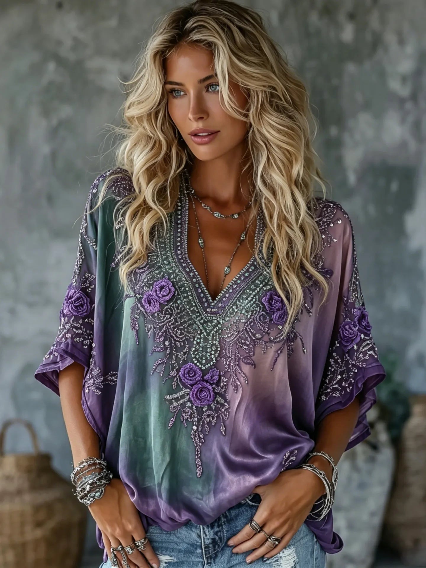 Women's Vintage Floral Art Flowy Linen Blend Casual Tops