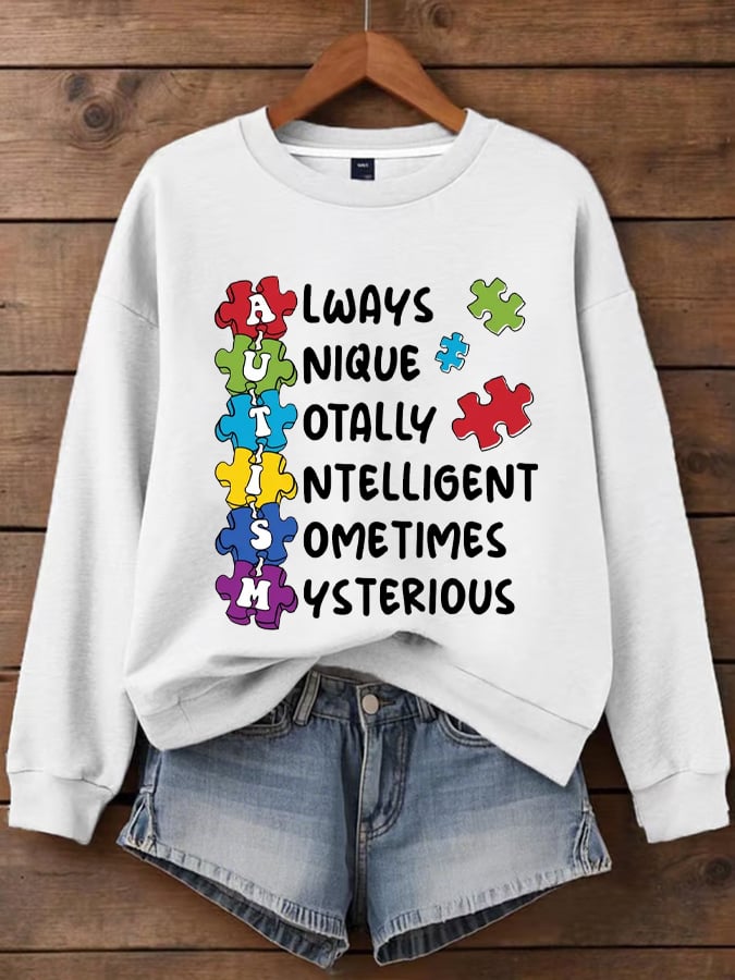Women's "Always Unique Totally Intelligent Sometimes Mysterious" Autism Awareness Printed Casual Crew Neck Sweatshirt