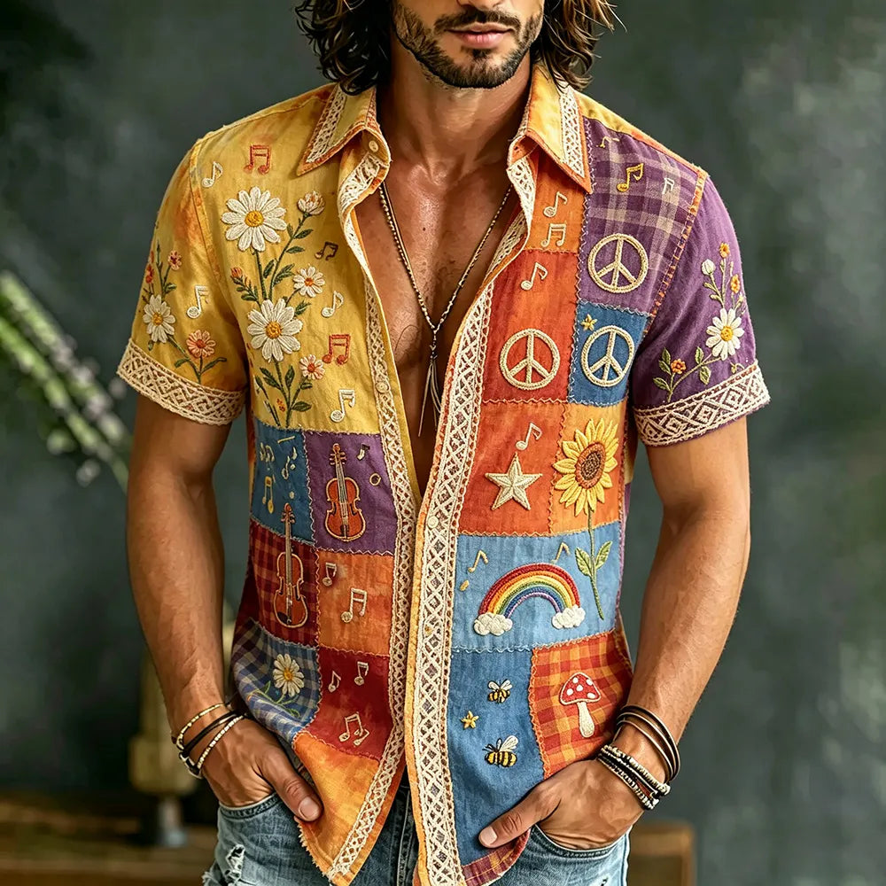 Men's Hippie Peace Symbol And Music Art Patchwork Casual Short Sleeve Shirt