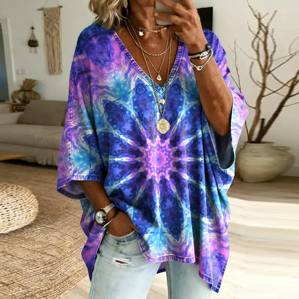 Women's Psychedelic Mandala Art Print V-neck Loose-fit Top