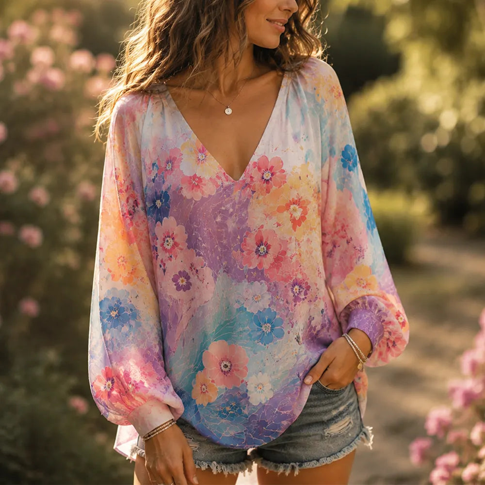 Women's Boho Watercolor Pastel Floral Print Long Sleeve V-neck Blouse