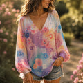 Women's Boho Watercolor Pastel Floral Print Long Sleeve V-neck Blouse