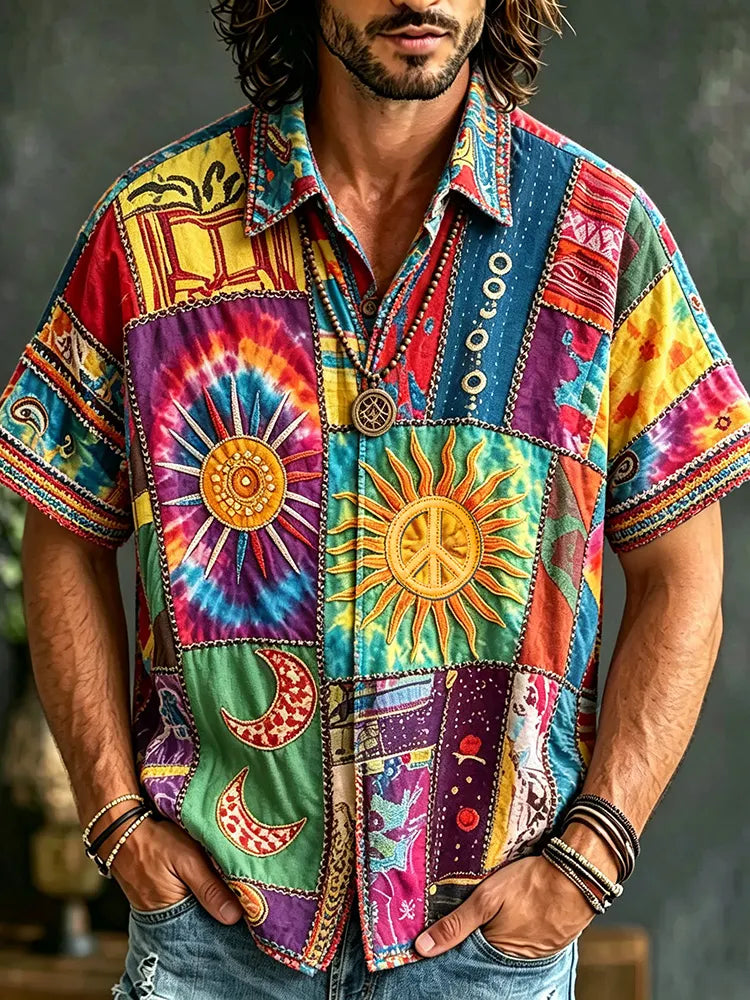 Men's Retro Hippie Patchwork Sun And Moon Resort Cotton Linen Shirt