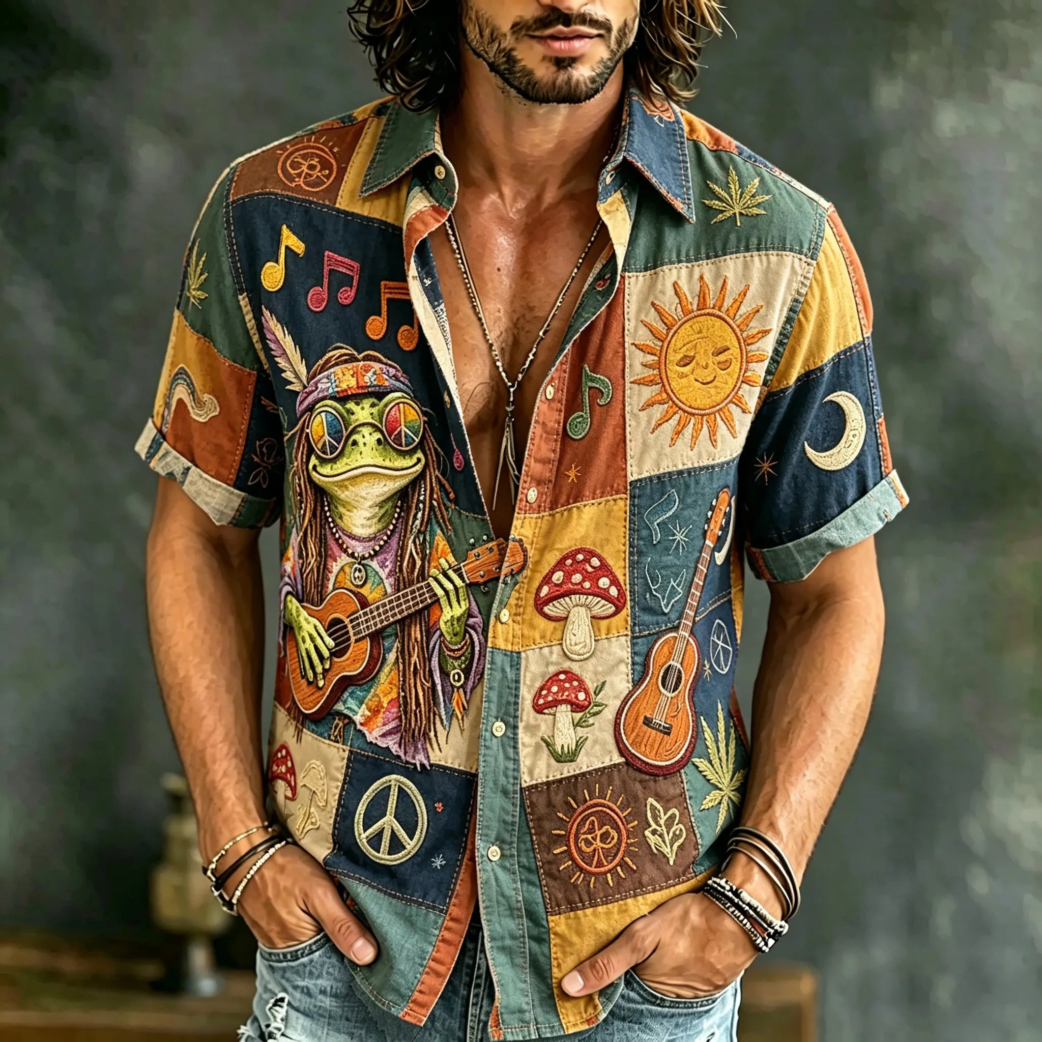 Men's Hippie Patchwork Art Print Short Sleeve Shirt