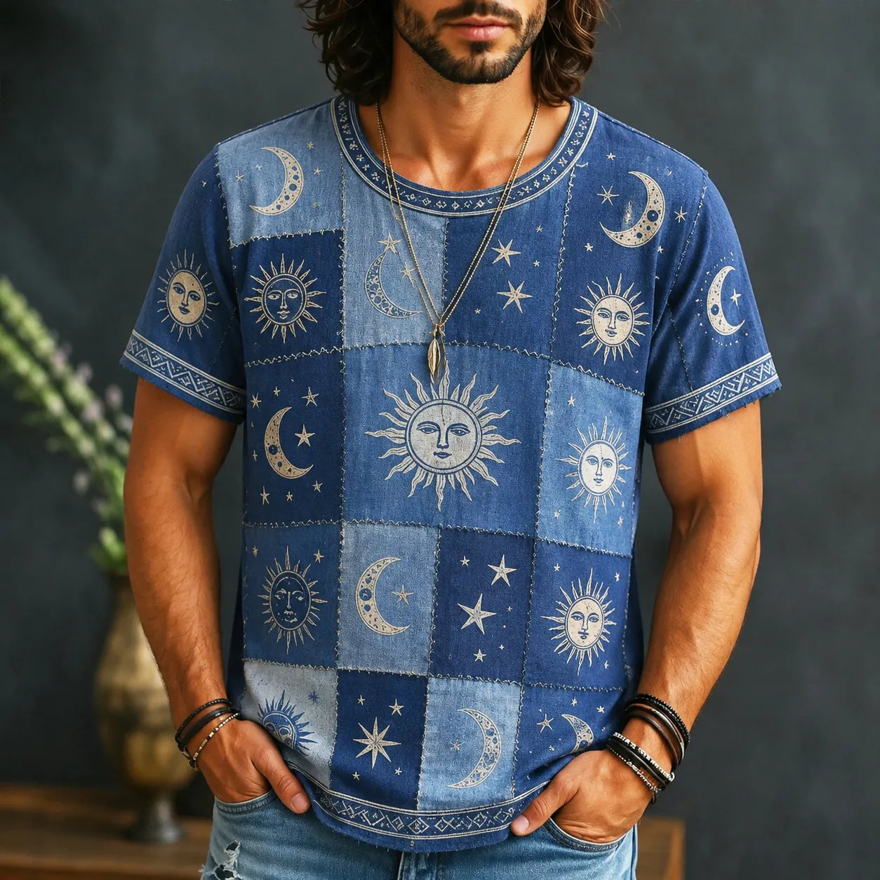 Men's Hippie Sun Moon Geometric Patchwork Print Short Sleeve T-shirt