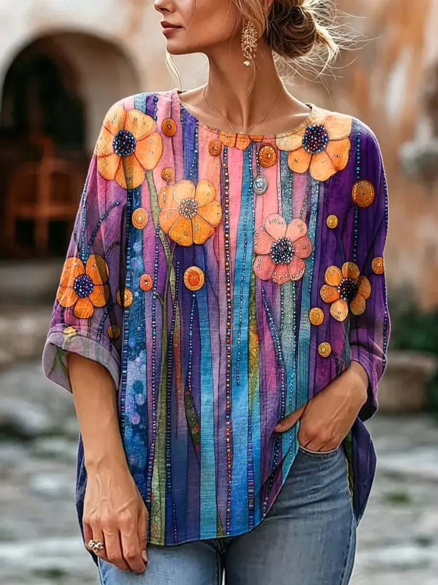 Women's Boho Floral Beaded Stripe Print Linen Blend Blouse