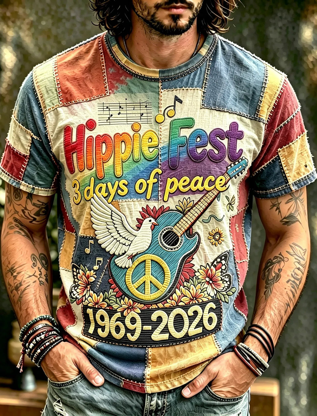 Men's Vintage 60s Music In Patchwork Art Hippie Crew Neck T-shirt