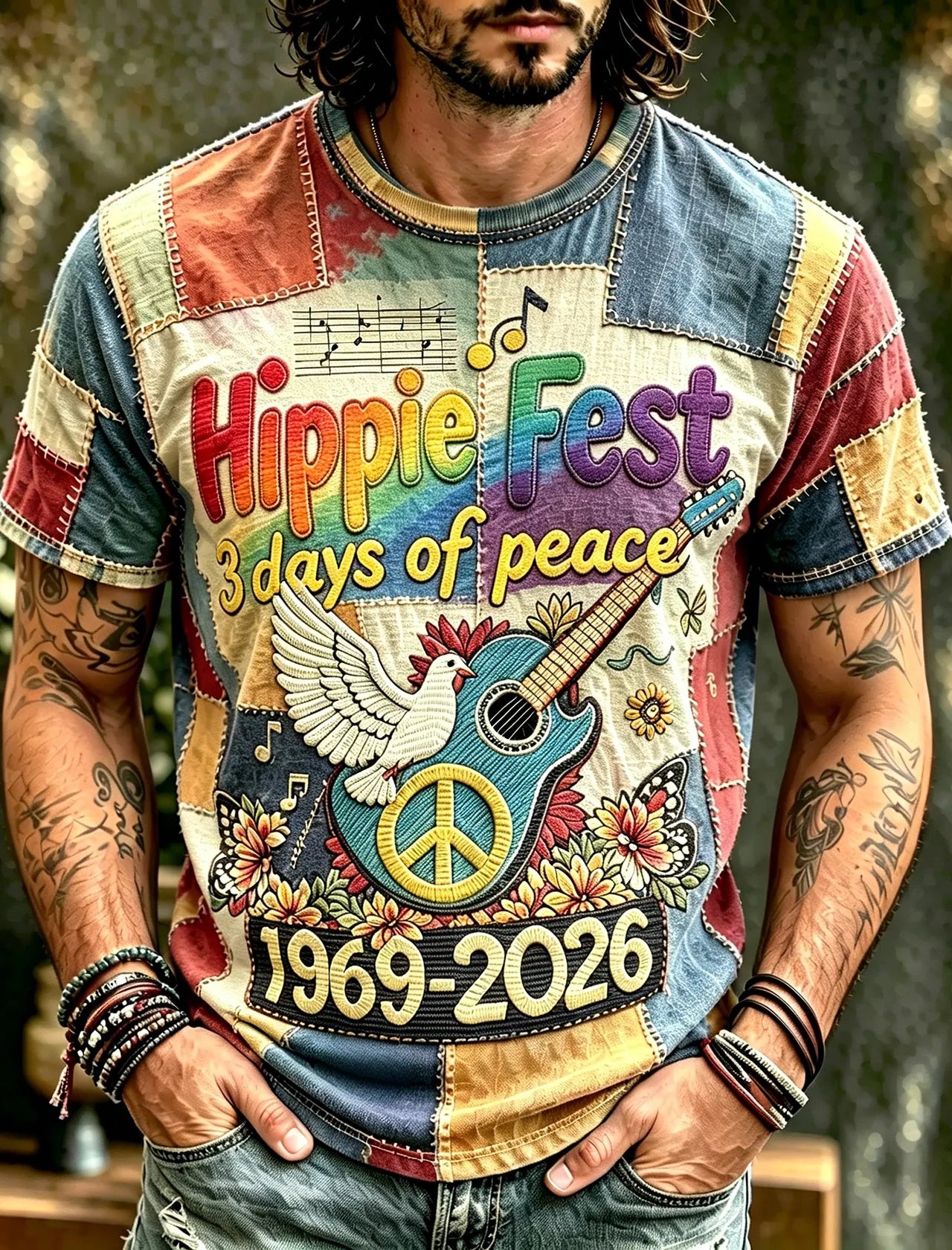 Men's Vintage 60s Music In Patchwork Art Hippie Crew Neck T-shirt