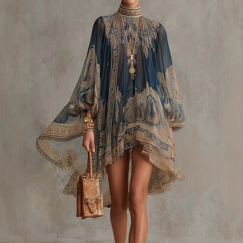 Elegant Print Long Sleeve Loose Mini Dress