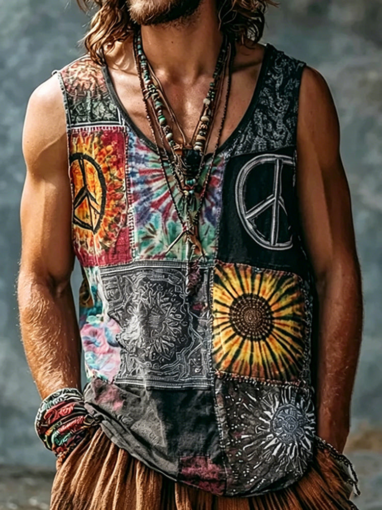 Men's Hippie Peace Tie-dye Anti-war Symbols Print Tank Top