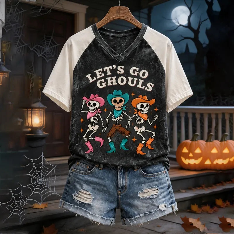 Women's Halloween Cowboy Let's Go Ghouls Printed Raglan Sleeve Short Sleeve Top