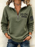 Women's Veteran Pride DD-214 Printed Patchwork and Fur Collar Casual Long-Sleeve Sweatshirt